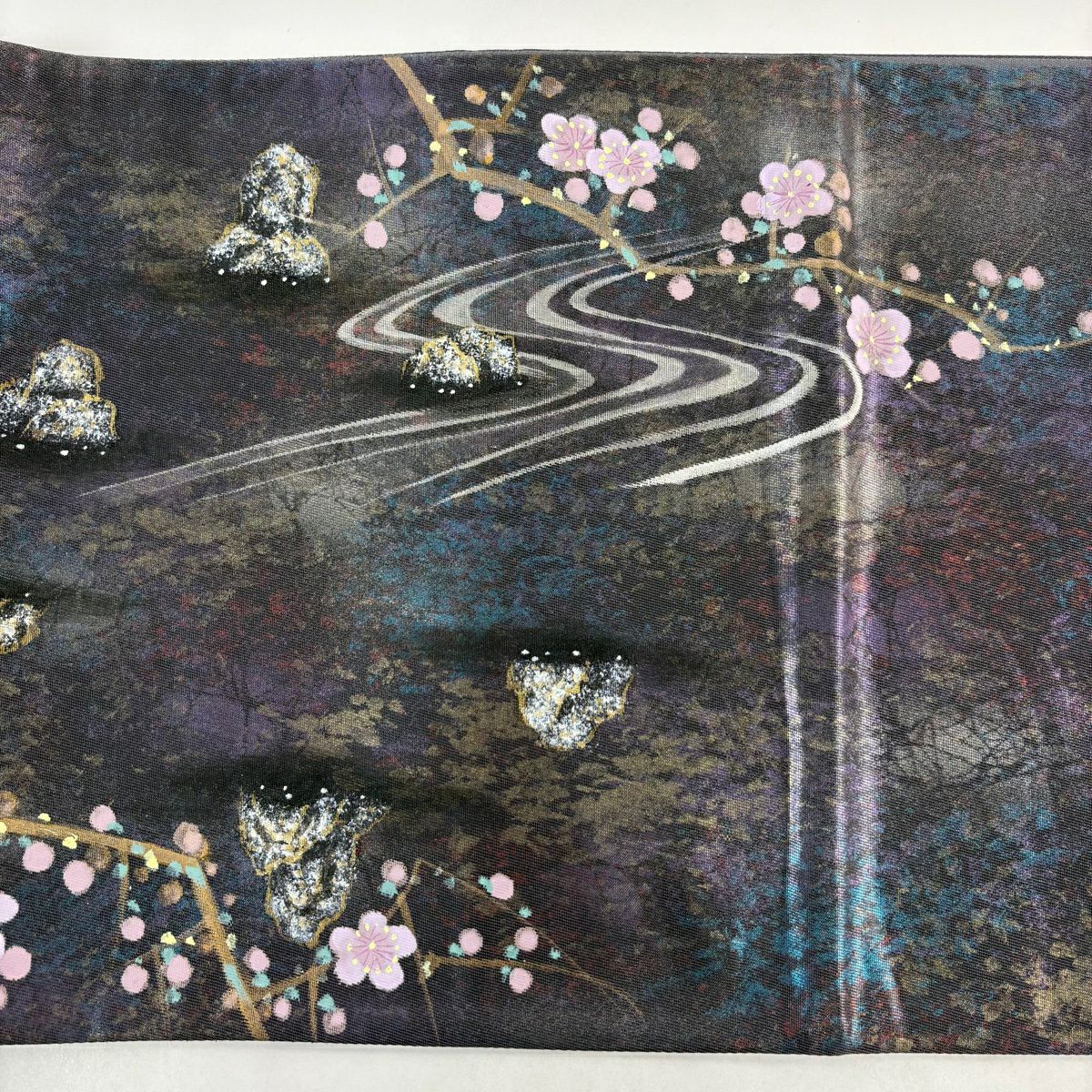 【美品】 袋帶 秀品級 落款あり 鳥 流水 金金箔 金銀彩 紫 お太鼓柄 純蠶絲