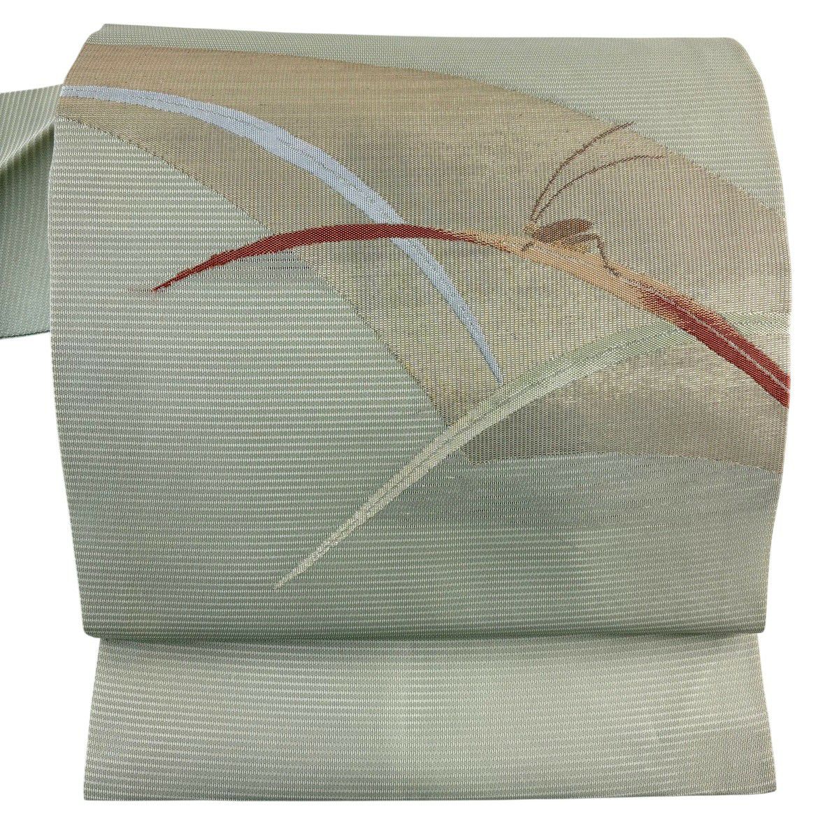 名古屋帶 秀品級 夏帶 絽 鈴蟲 葉紋 金金箔 灰綠 純蠶絲
