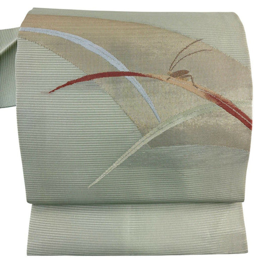名古屋帶 秀品級 夏帶 絽 鈴蟲 葉紋 金金箔 灰綠 純蠶絲