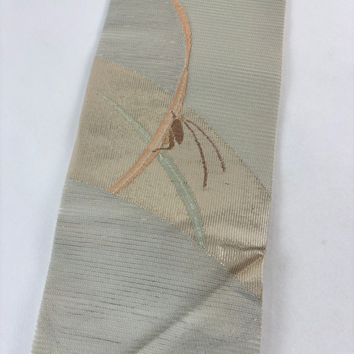 名古屋帶 秀品級 夏帶 絽 鈴蟲 葉紋 金金箔 灰綠 純蠶絲