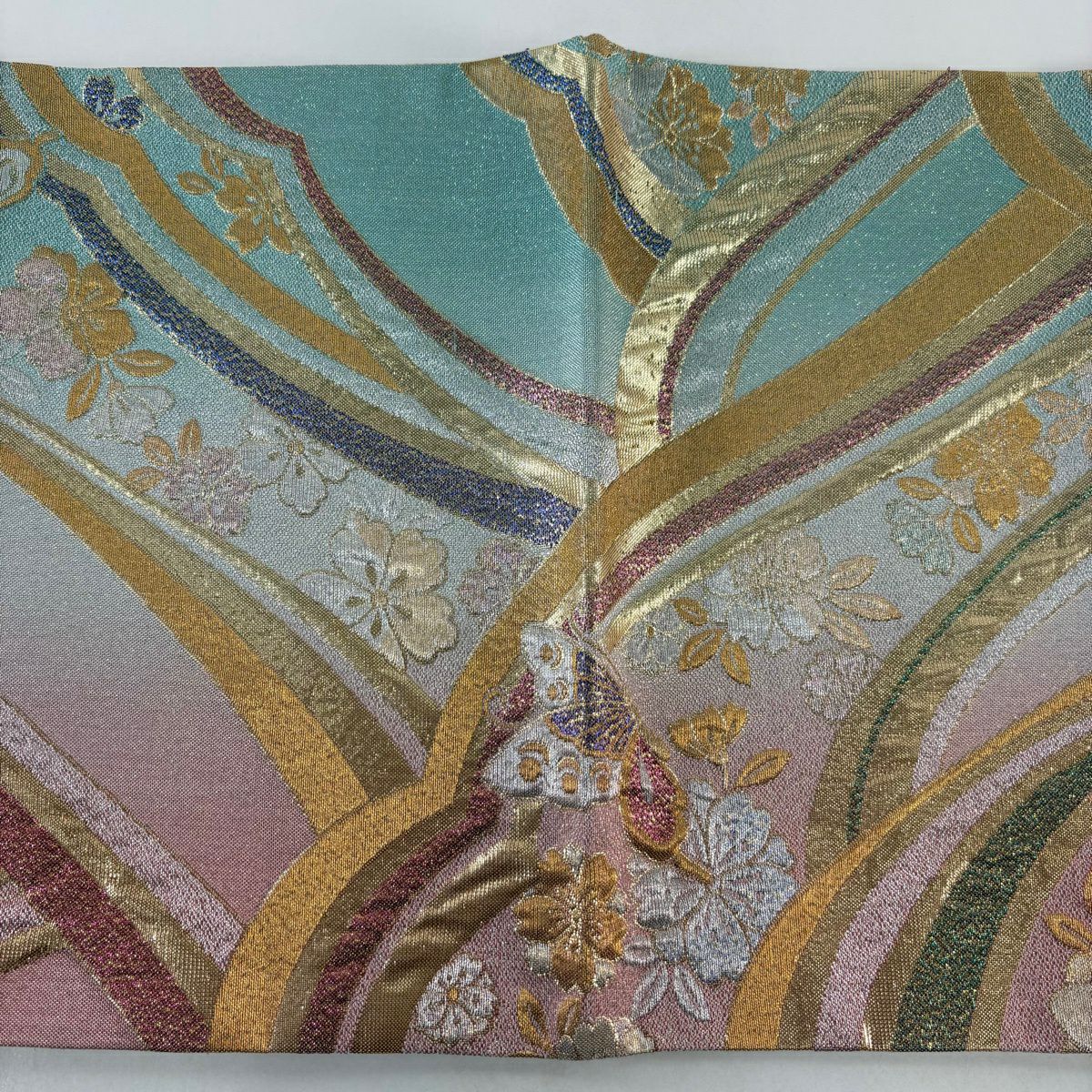 【美品】 袋帶 秀品級 樱花 蝴蝶 金銀彩 金金箔 水藍色 六通 純蠶絲
