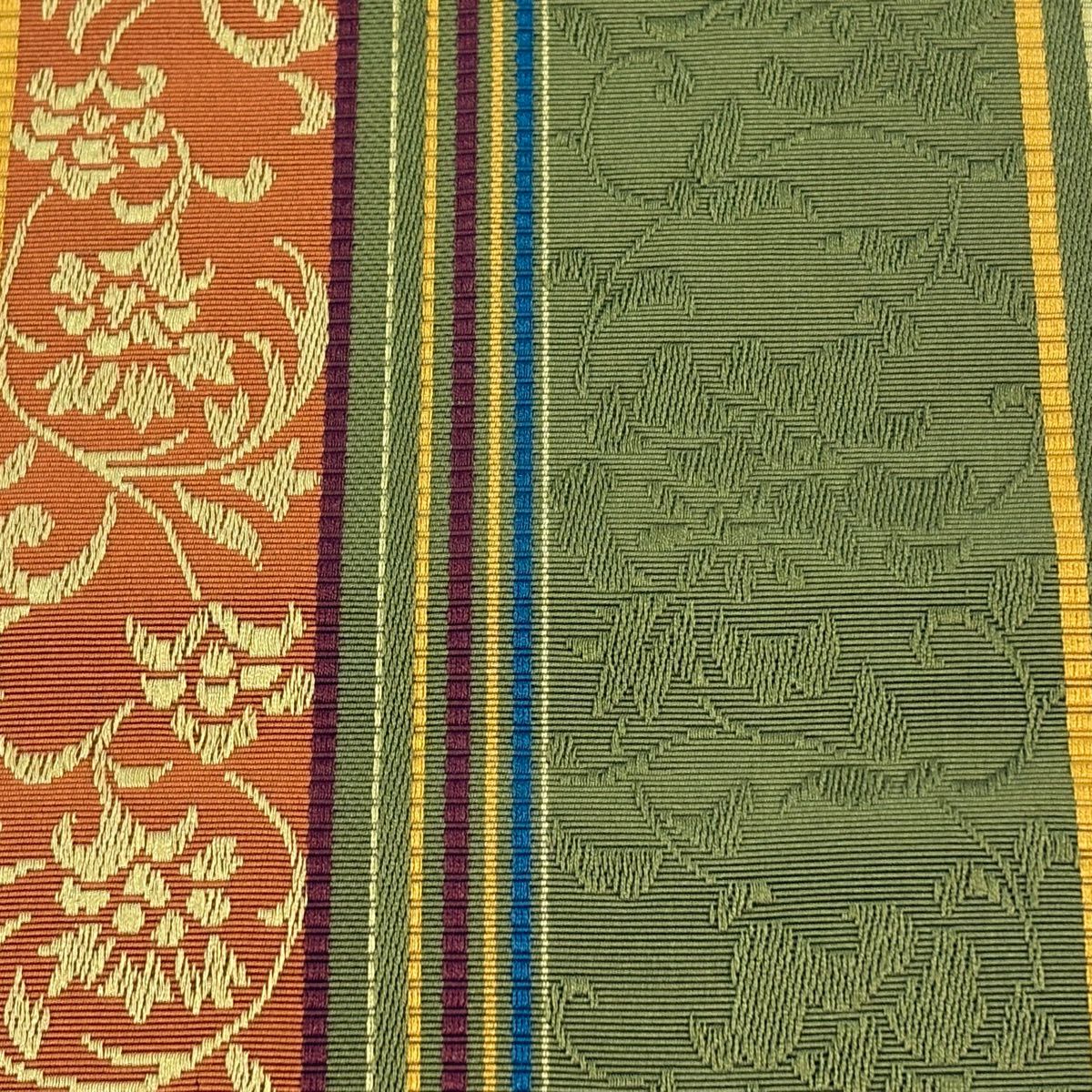 【美品】半幅帶 秀品級 花唐草紋 縞 綠色 純蠶絲