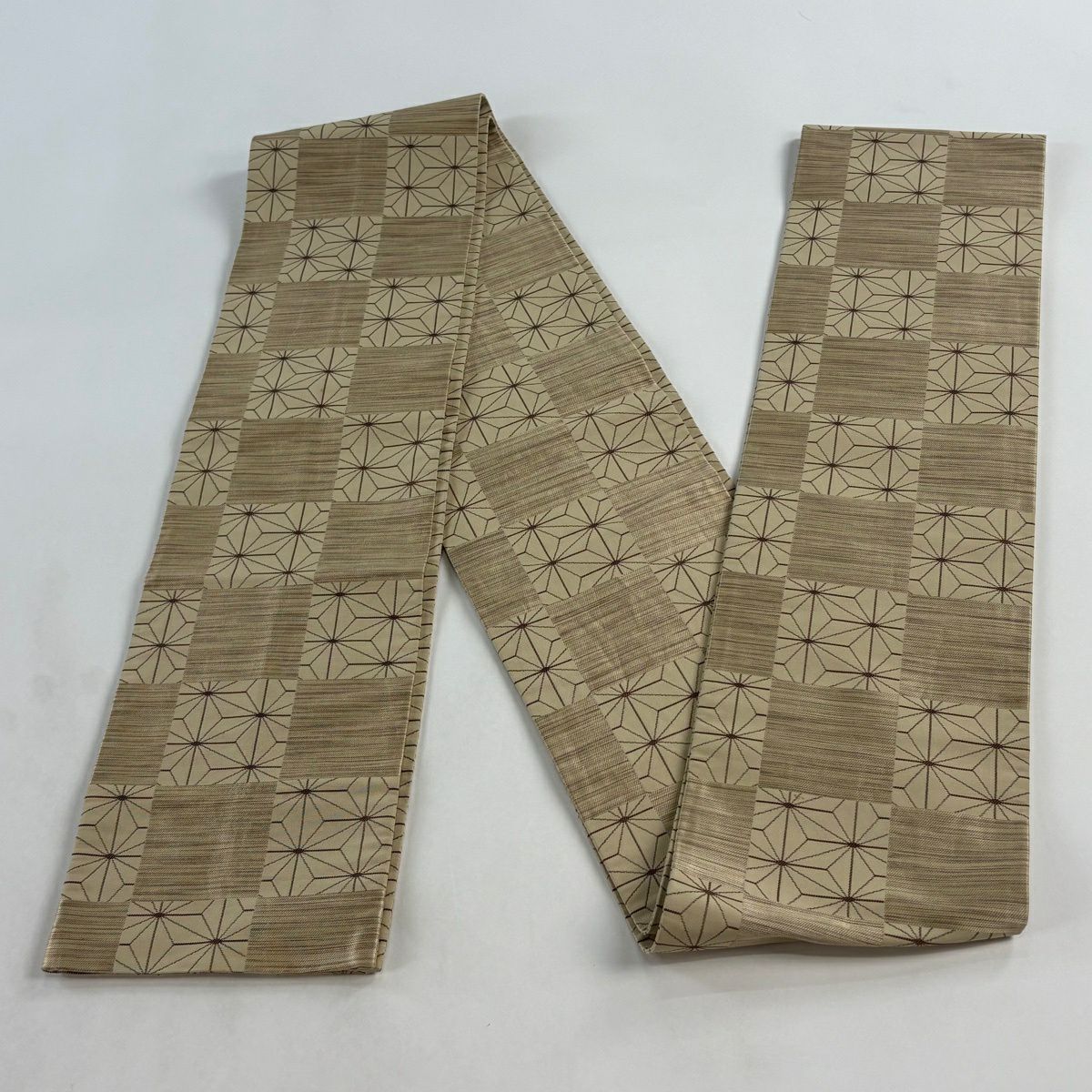 【美品】半幅帶 秀品級 麻葉 市松樹 米色 純蠶絲