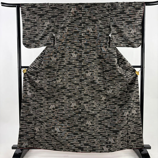 【美品】 大島織 身長162.5cm 袖長64.5cm M 雙層 純泥染 證書あり ヱ霞 葉紋 墨 黑 純蠶絲 優品級