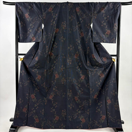 【美品】 大島紬織 身長168.5cm 袖長68cm L 雙層 純泥染 證書附帶 草花紋紋 深藍 純蠶絲 優品級