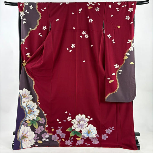 【美品】振袖禮服 身長177.5cm 袖長68.5cm L 雙層 牡丹 櫻花 金絲 金銀彩 深紅 純蠶絲 優品級