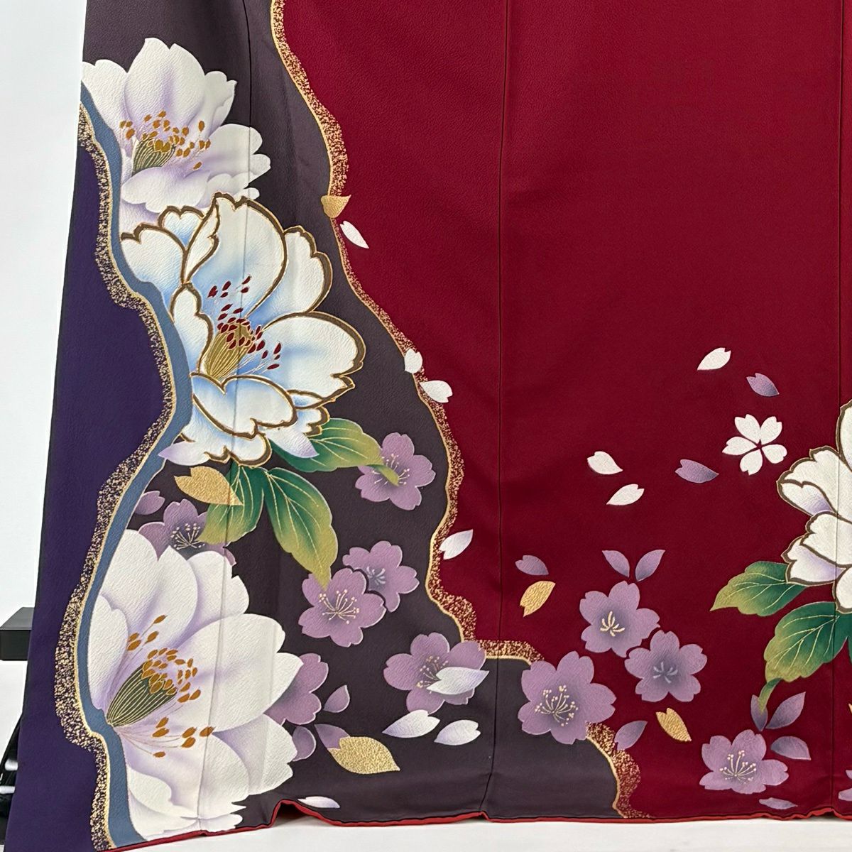 【美品】振袖禮服 身長177.5cm 袖長68.5cm L 雙層 牡丹 櫻花 金絲 金銀彩 深紅 純蠶絲 優品級