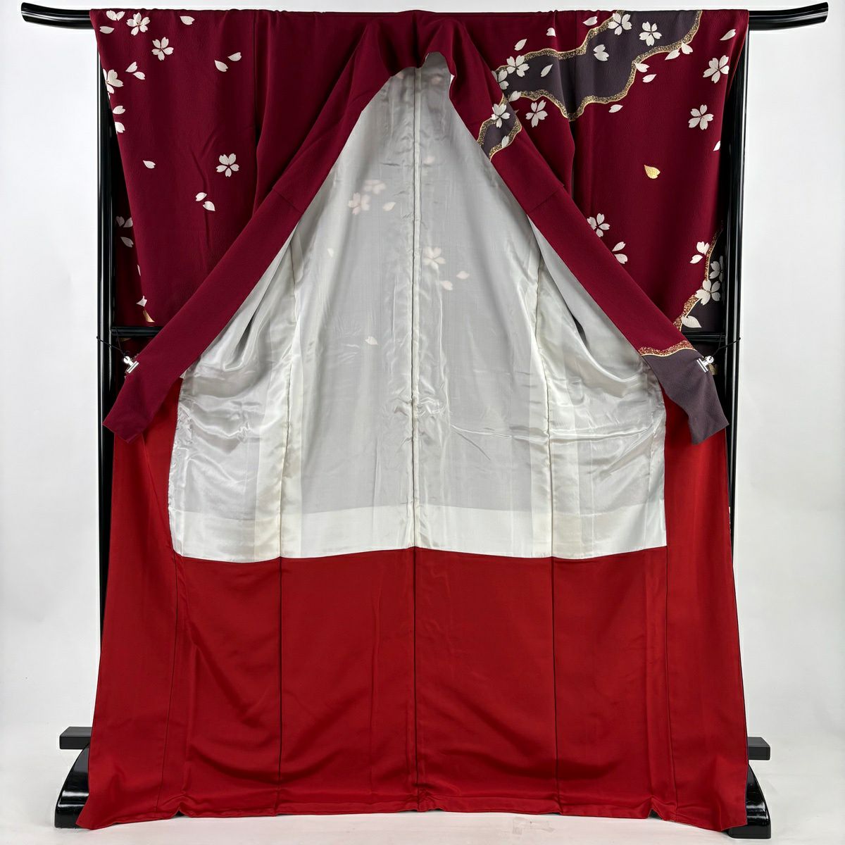 【美品】振袖禮服 身長177.5cm 袖長68.5cm L 雙層 牡丹 櫻花 金絲 金銀彩 深紅 純蠶絲 優品級