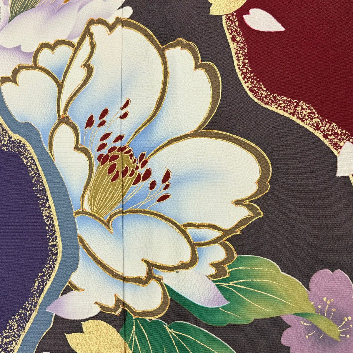 【美品】振袖禮服 身長177.5cm 袖長68.5cm L 雙層 牡丹 櫻花 金絲 金銀彩 深紅 純蠶絲 優品級