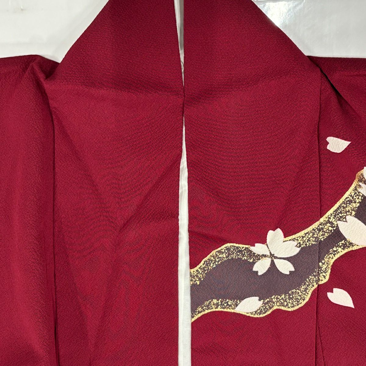 【美品】振袖禮服 身長177.5cm 袖長68.5cm L 雙層 牡丹 櫻花 金絲 金銀彩 深紅 純蠶絲 優品級