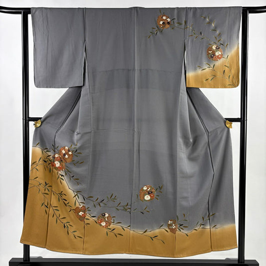 訪問服 身長152cm 袖長63cm S 雙層 雪輪 草花紋 金彩裝飾 染分 灰 純蠶絲 秀品級