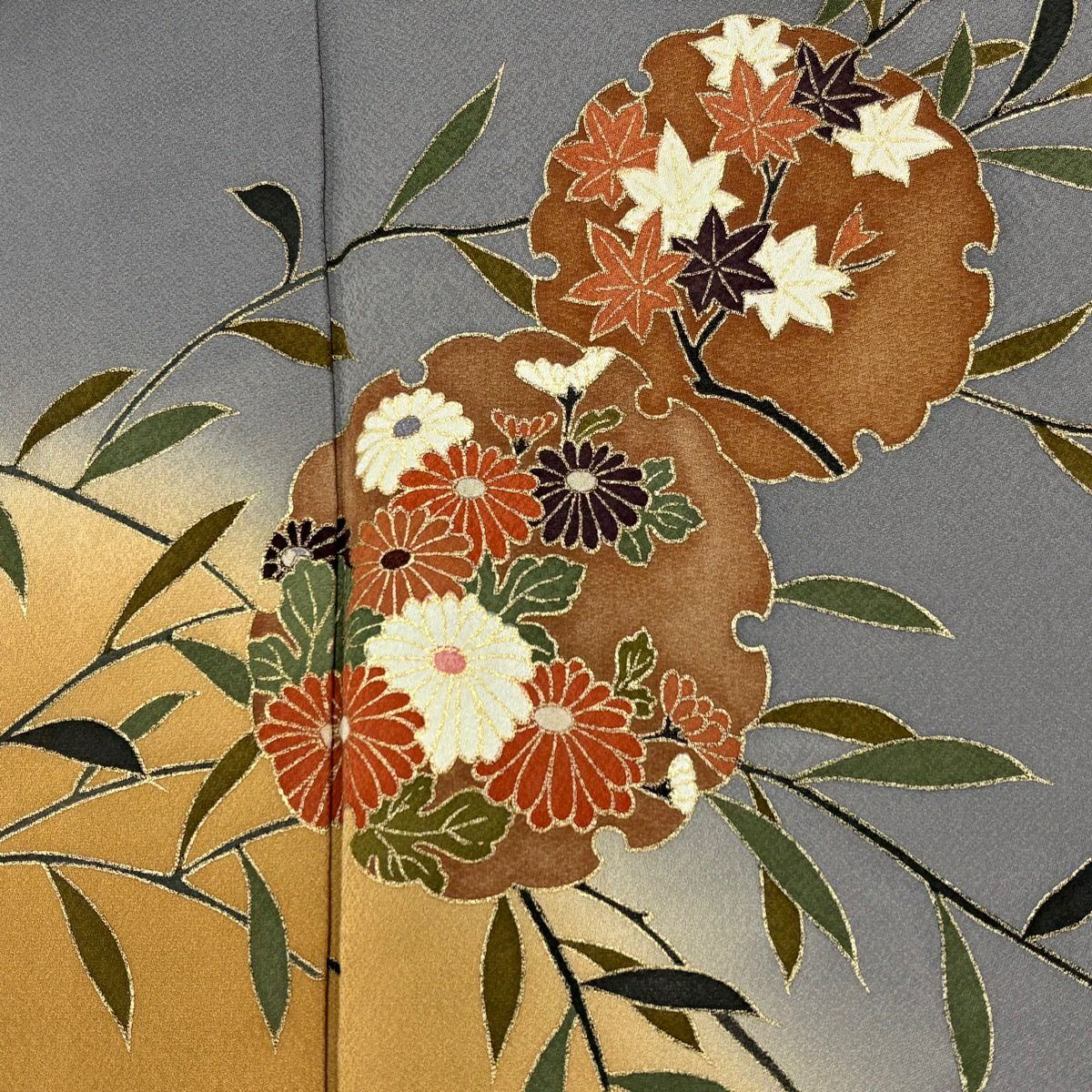 訪問服 身長152cm 袖長63cm S 雙層 雪輪 草花紋 金彩裝飾 染分 灰 純蠶絲 秀品級