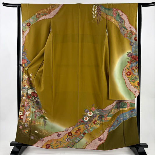 振袖禮服 身長160cm 袖長62.5cm S 雙層 花車 松樹竹子梅花 刺繡 金糸 山吹茶 純蠶絲 秀品級