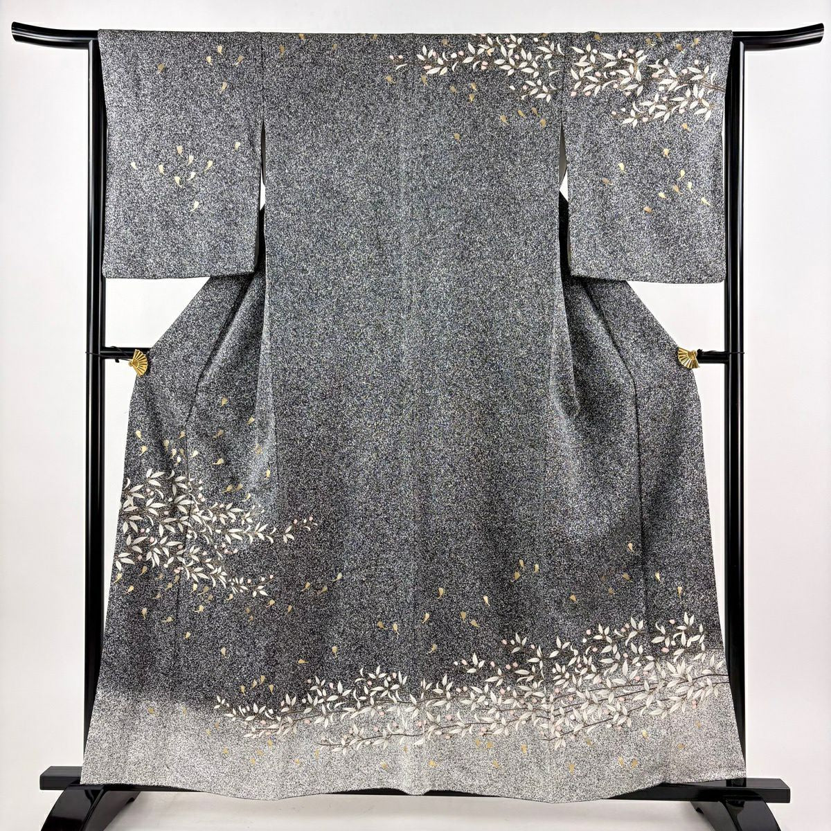 【美品】訪問服 身長159cm 袖長64cm M 雙層 鈴乃屋 草花紋幾何圖案 金銀彩 黑灰 純蠶絲 優品級