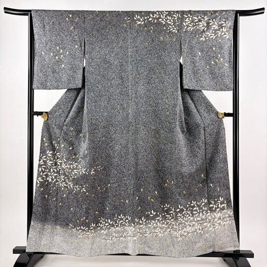 【美品】訪問服 身長159cm 袖長64cm M 雙層 鈴乃屋 草花紋幾何圖案 金銀彩 黑灰 純蠶絲 優品級