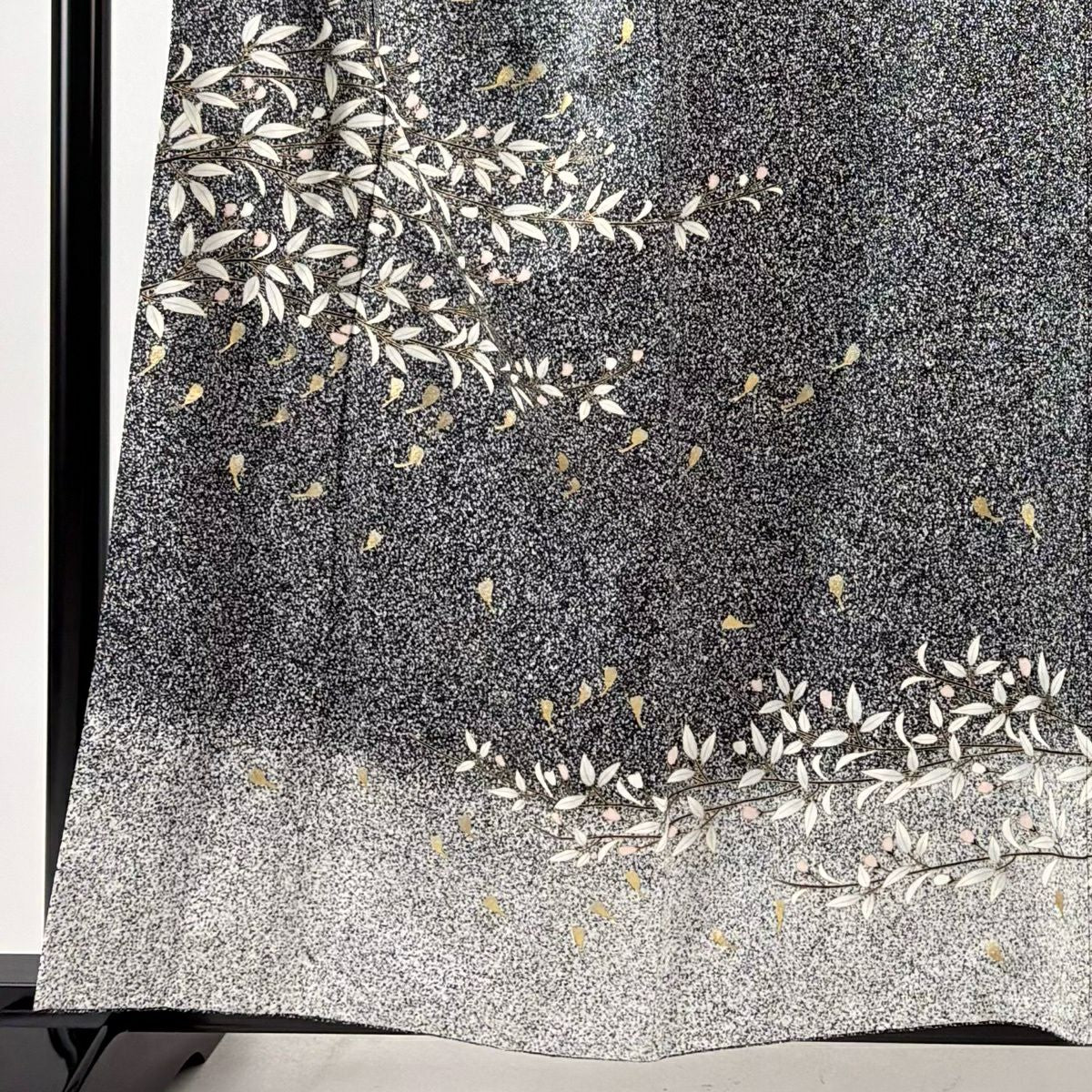 【美品】訪問服 身長159cm 袖長64cm M 雙層 鈴乃屋 草花紋幾何圖案 金銀彩 黑灰 純蠶絲 優品級