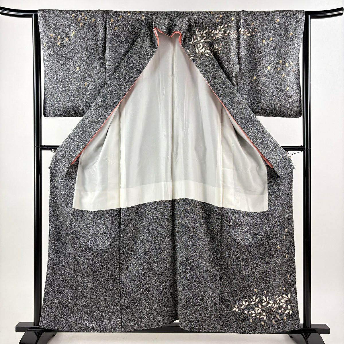 【美品】訪問服 身長159cm 袖長64cm M 雙層 鈴乃屋 草花紋幾何圖案 金銀彩 黑灰 純蠶絲 優品級