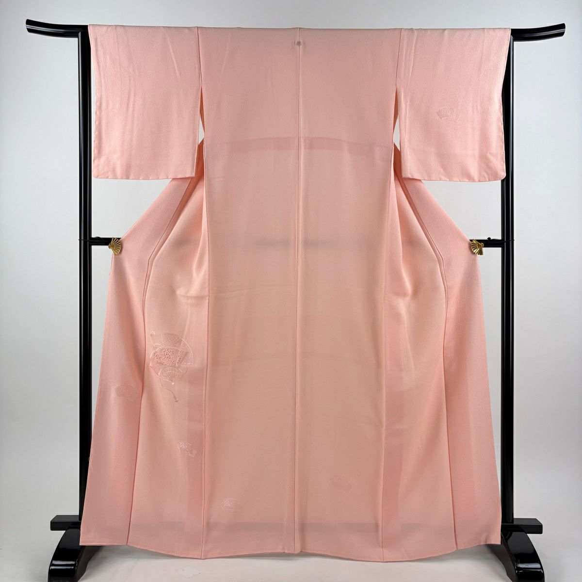 付下 身長167cm 袖長64cm M 雙層 大和 扇子 草花紋刺繡 粉紅 純蠶絲 秀品級 一つ紋