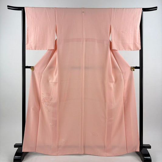 付下 身長167cm 袖長64cm M 雙層 大和 扇子 草花紋刺繡 粉紅 純蠶絲 秀品級 一つ紋