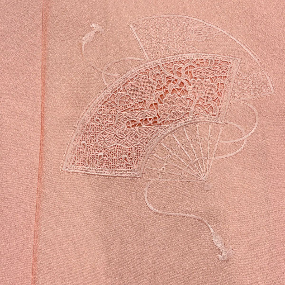 付下 身長167cm 袖長64cm M 雙層 大和 扇子 草花紋刺繡 粉紅 純蠶絲 秀品級 一つ紋