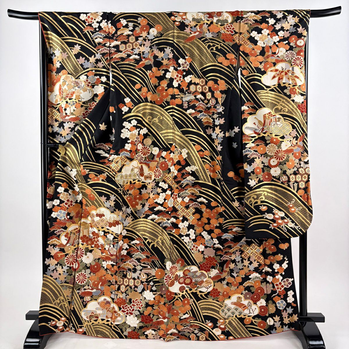 振袖禮服 身長168.5cm 袖長67cm M 雙層 松樹梅花 御所車 金絲 金銀彩 黑 純蠶絲 秀品級