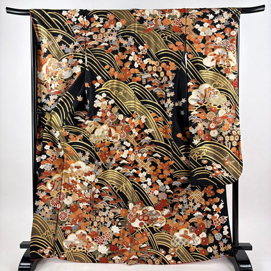 振袖禮服 身長168.5cm 袖長67cm M 雙層 松樹梅花 御所車 金絲 金銀彩 黑 純蠶絲 秀品級
