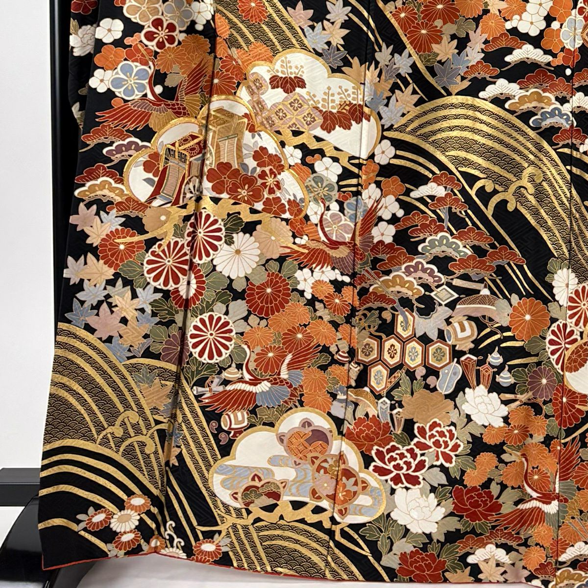 振袖禮服 身長168.5cm 袖長67cm M 雙層 松樹梅花 御所車 金絲 金銀彩 黑 純蠶絲 秀品級