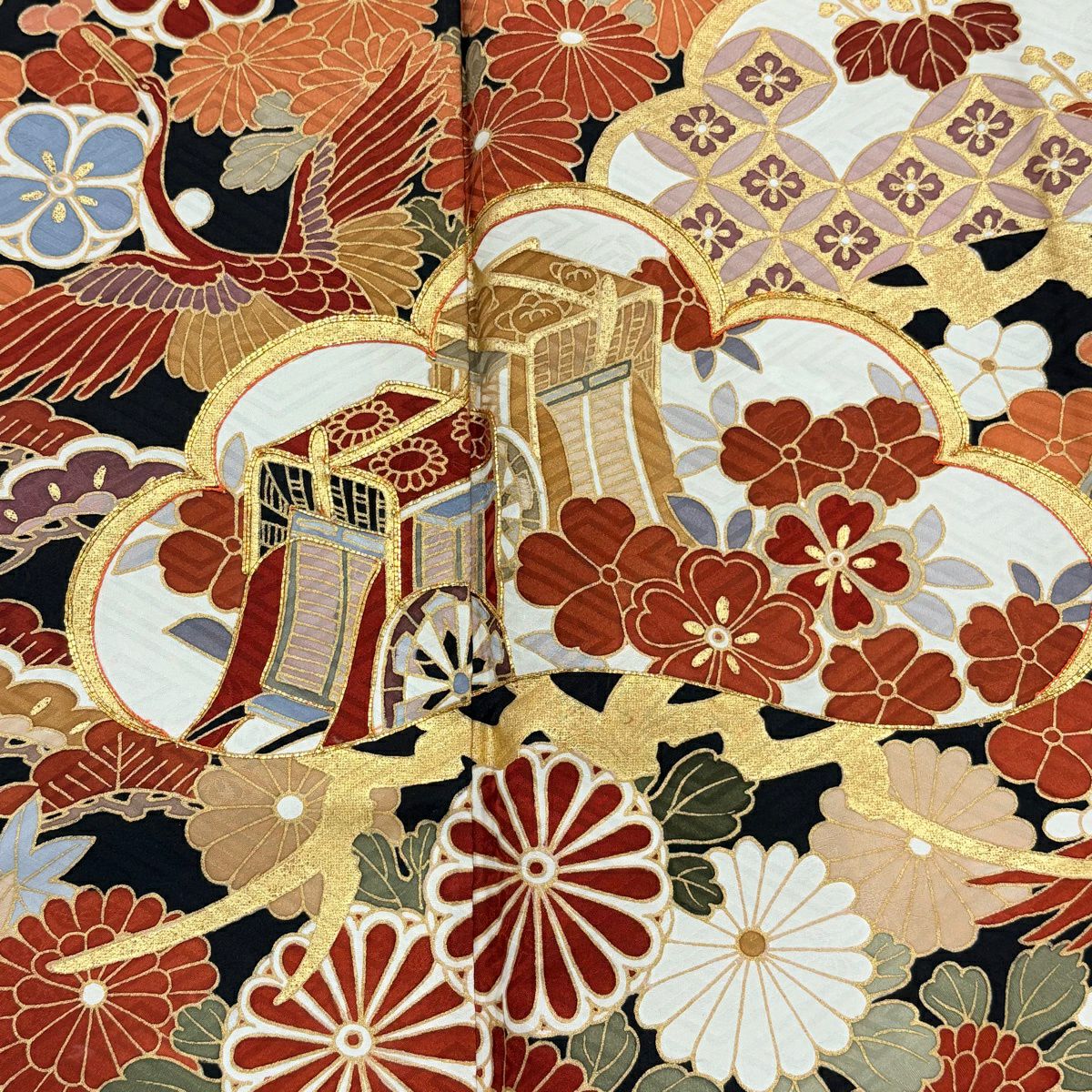 振袖禮服 身長168.5cm 袖長67cm M 雙層 松樹梅花 御所車 金絲 金銀彩 黑 純蠶絲 秀品級