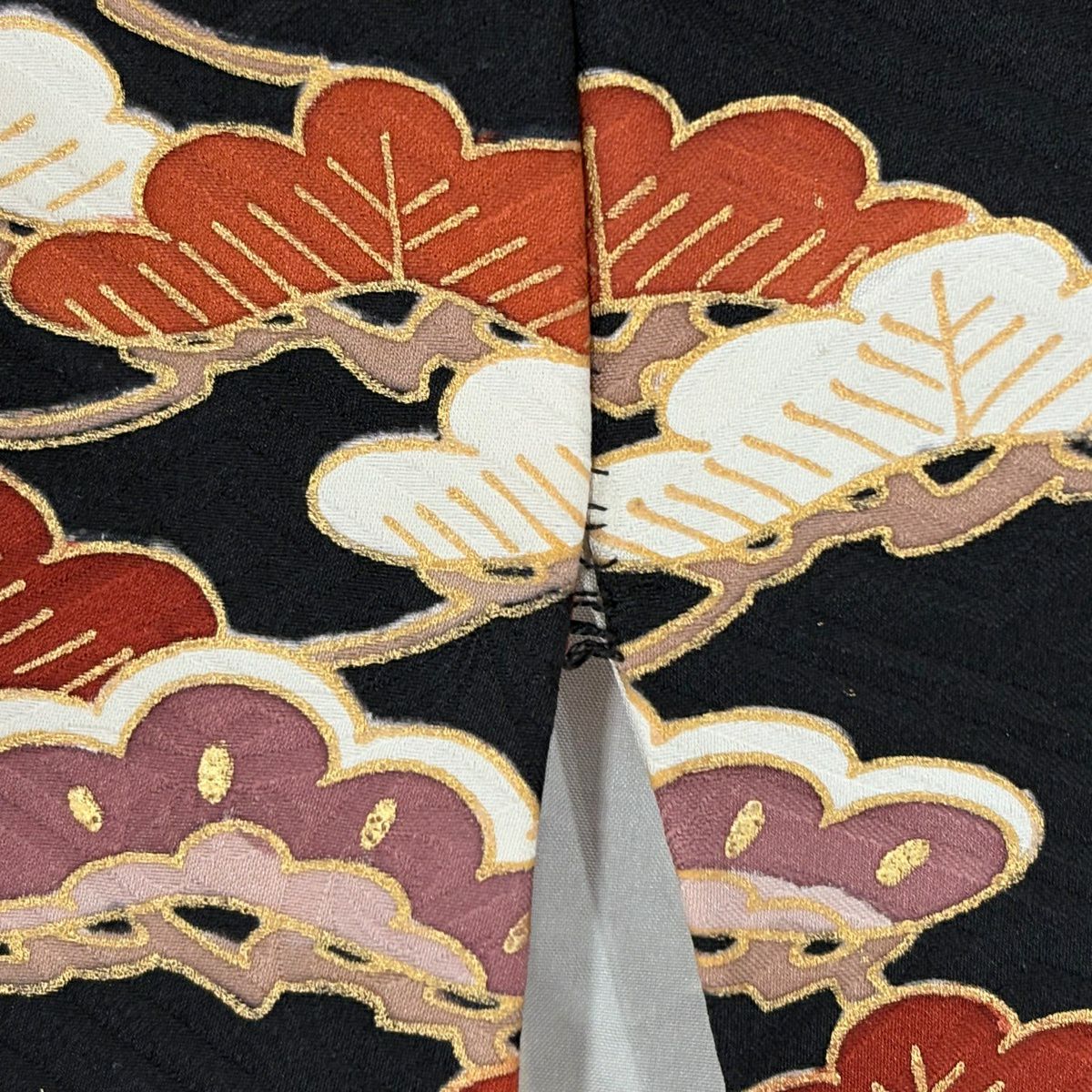 振袖禮服 身長168.5cm 袖長67cm M 雙層 松樹梅花 御所車 金絲 金銀彩 黑 純蠶絲 秀品級