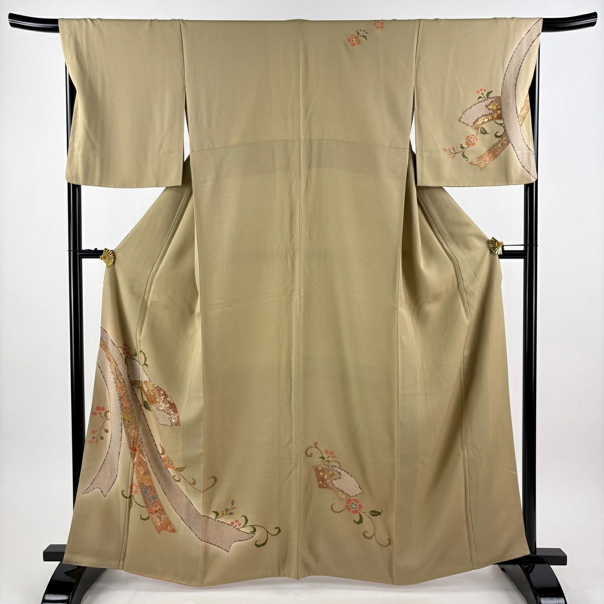 付下 身長164.5cm 袖長67.5cm L 雙層 扇子面 雲文 金絲 金銀彩 灰茶 純蠶絲 優品級