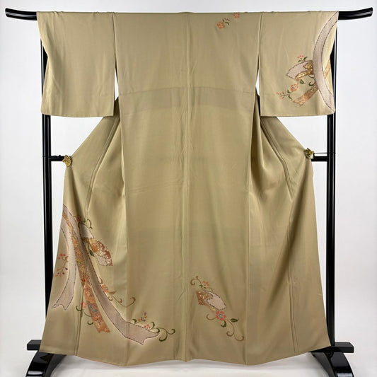 付下 身長164.5cm 袖長67.5cm L 雙層 扇子面 雲文 金絲 金銀彩 灰茶 純蠶絲 優品級
