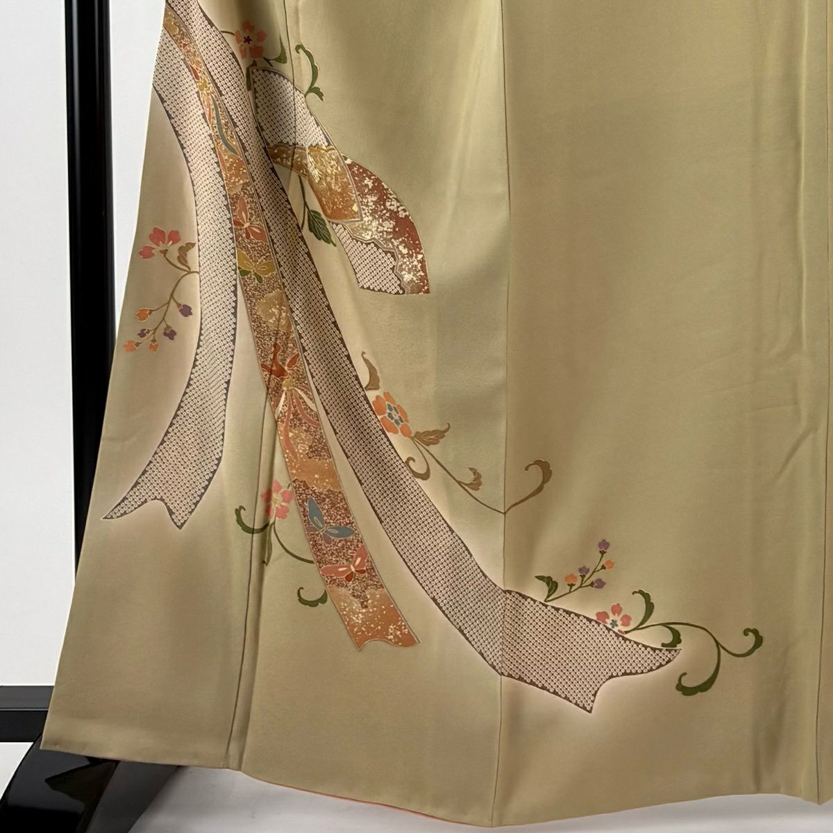 付下 身長164.5cm 袖長67.5cm L 雙層 扇子面 雲文 金絲 金銀彩 灰茶 純蠶絲 優品級