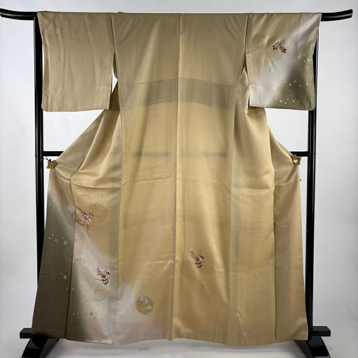付下 身長163cm 袖長65.5cm M 雙層 雪輪 櫻花 刺繡 金銀彩 淺茶 純蠶絲 優品級