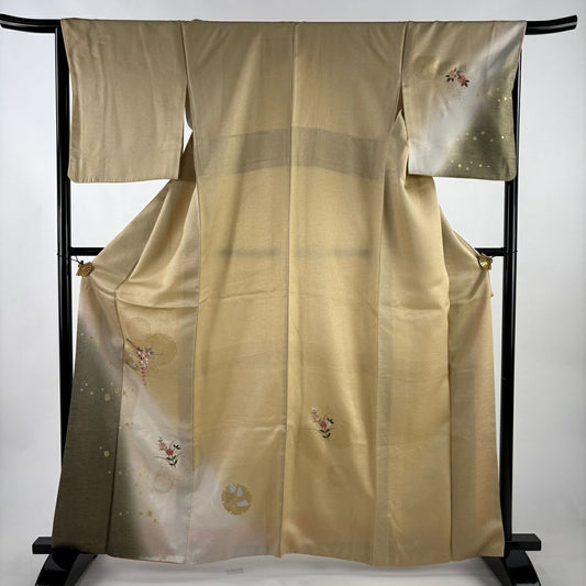 付下 身長163cm 袖長65.5cm M 雙層 雪輪 櫻花 刺繡 金銀彩 淺茶 純蠶絲 優品級