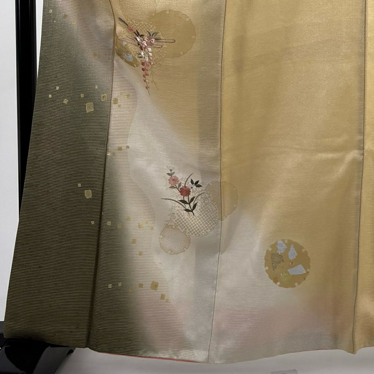 付下 身長163cm 袖長65.5cm M 雙層 雪輪 櫻花 刺繡 金銀彩 淺茶 純蠶絲 優品級