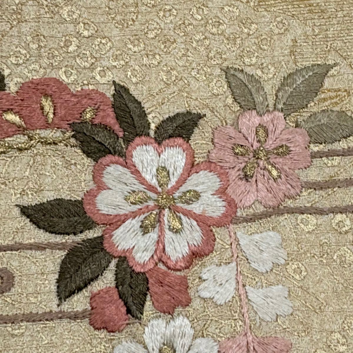 付下 身長163cm 袖長65.5cm M 雙層 雪輪 櫻花 刺繡 金銀彩 淺茶 純蠶絲 優品級