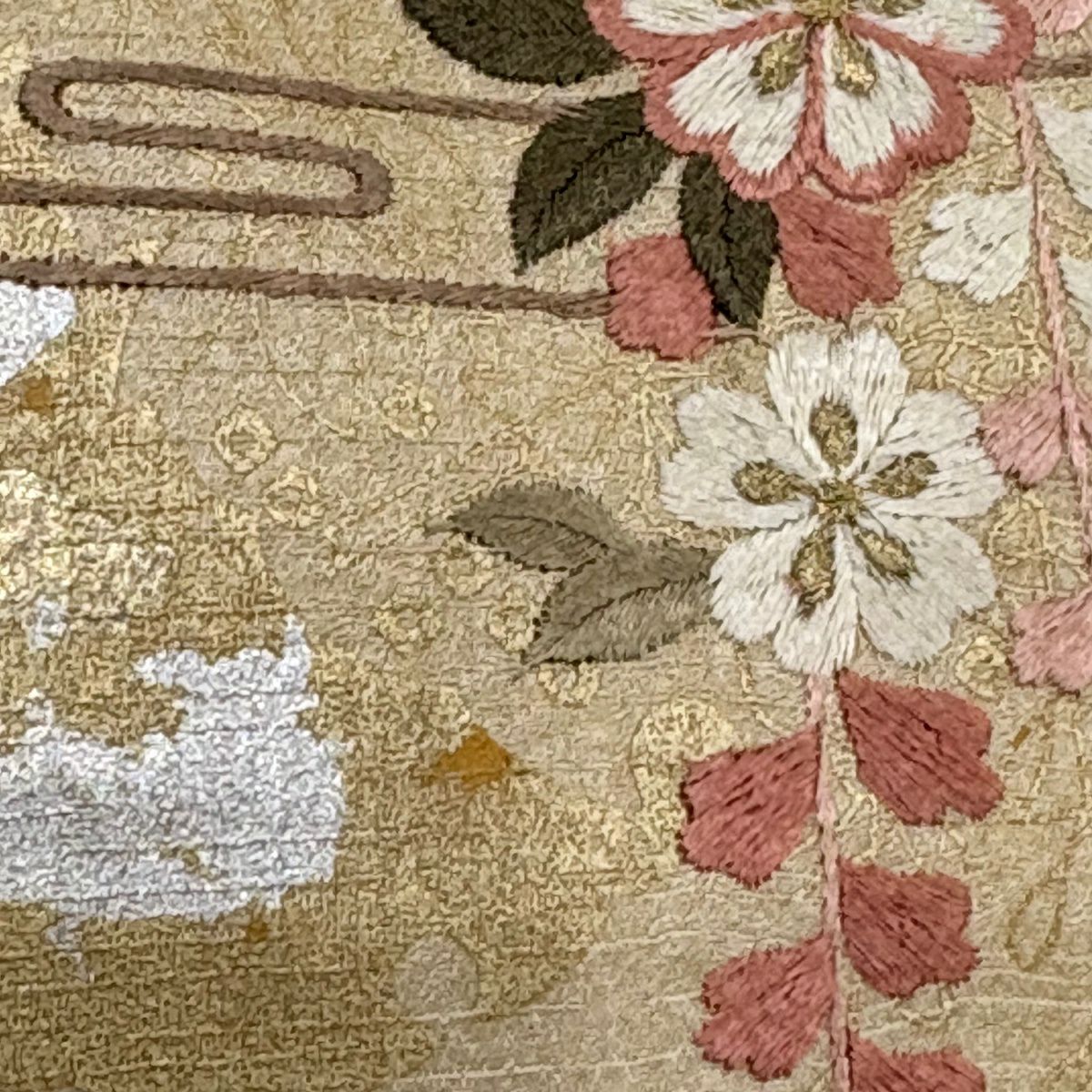 付下 身長163cm 袖長65.5cm M 雙層 雪輪 櫻花 刺繡 金銀彩 淺茶 純蠶絲 優品級