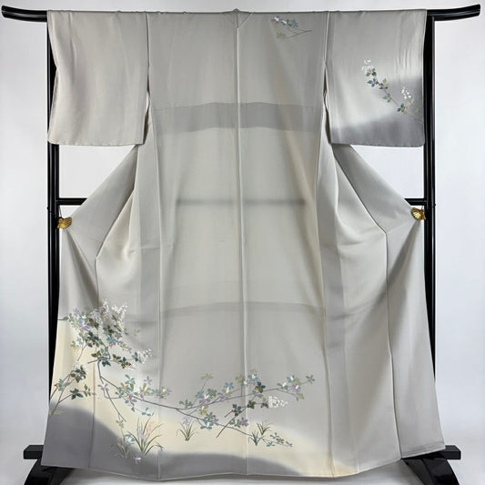 【美品】訪問服 身長165cm 袖長65.5cm M 雙層 枝花 草花紋紋 漸層 灰色 純蠶絲 優品級
