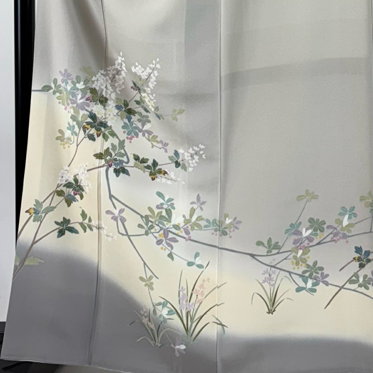 【美品】訪問服 身長165cm 袖長65.5cm M 雙層 枝花 草花紋紋 漸層 灰色 純蠶絲 優品級