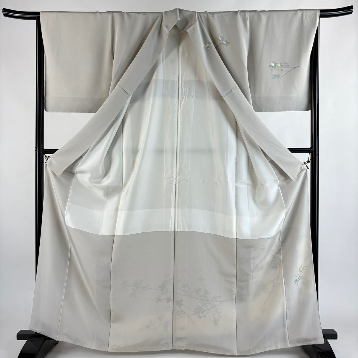 【美品】訪問服 身長165cm 袖長65.5cm M 雙層 枝花 草花紋紋 漸層 灰色 純蠶絲 優品級
