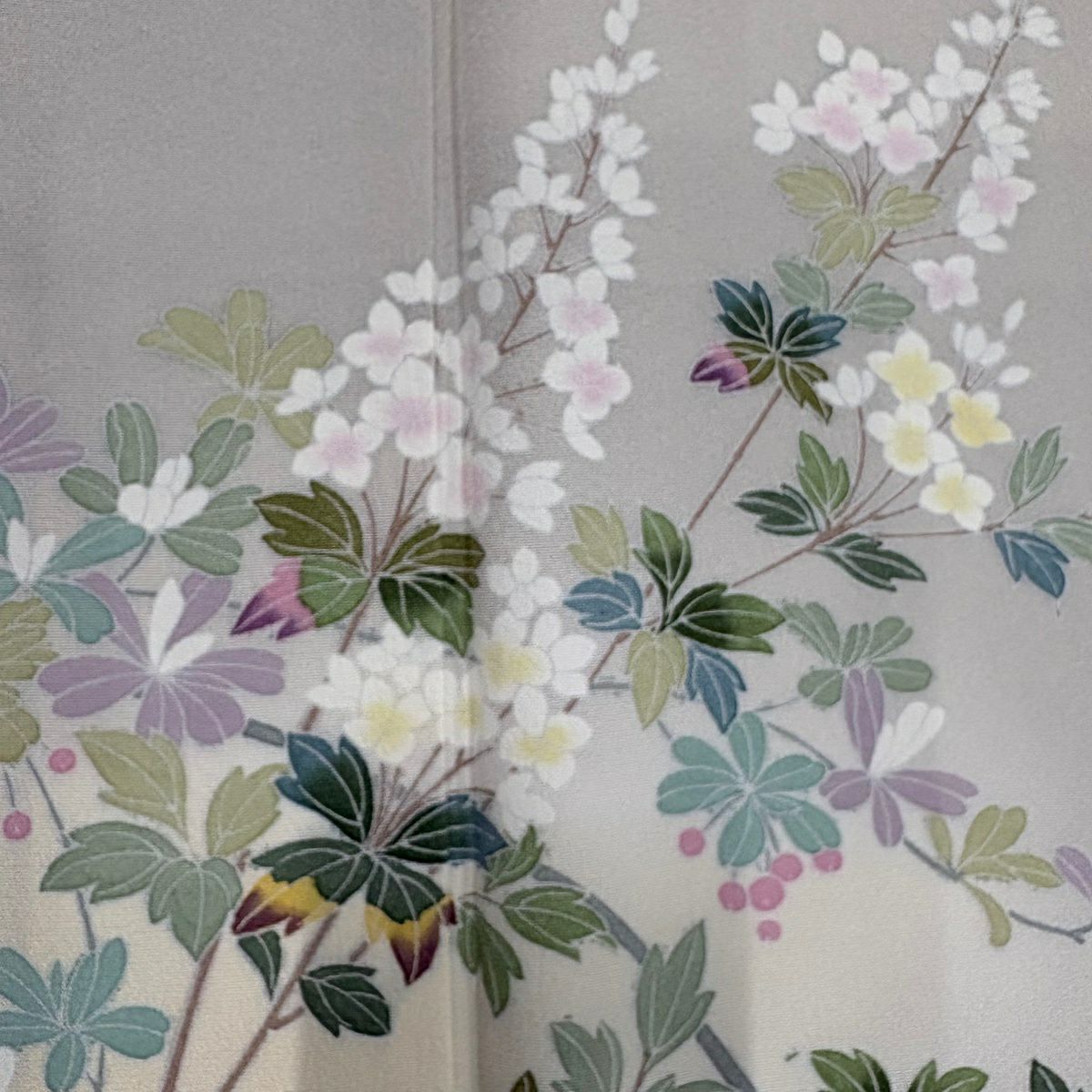 【美品】訪問服 身長165cm 袖長65.5cm M 雙層 枝花 草花紋紋 漸層 灰色 純蠶絲 優品級