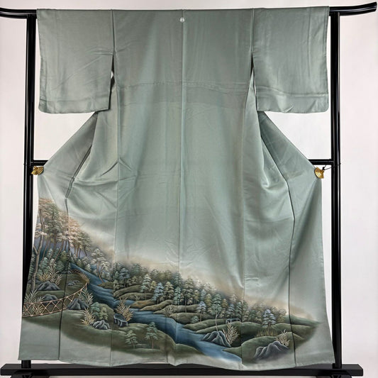 【美品】 留袖禮服禮服 身長156cm 袖長62.5cm S 雙層 風景 樹木 漸層 灰綠 純蠶絲 秀品級 一つ紋