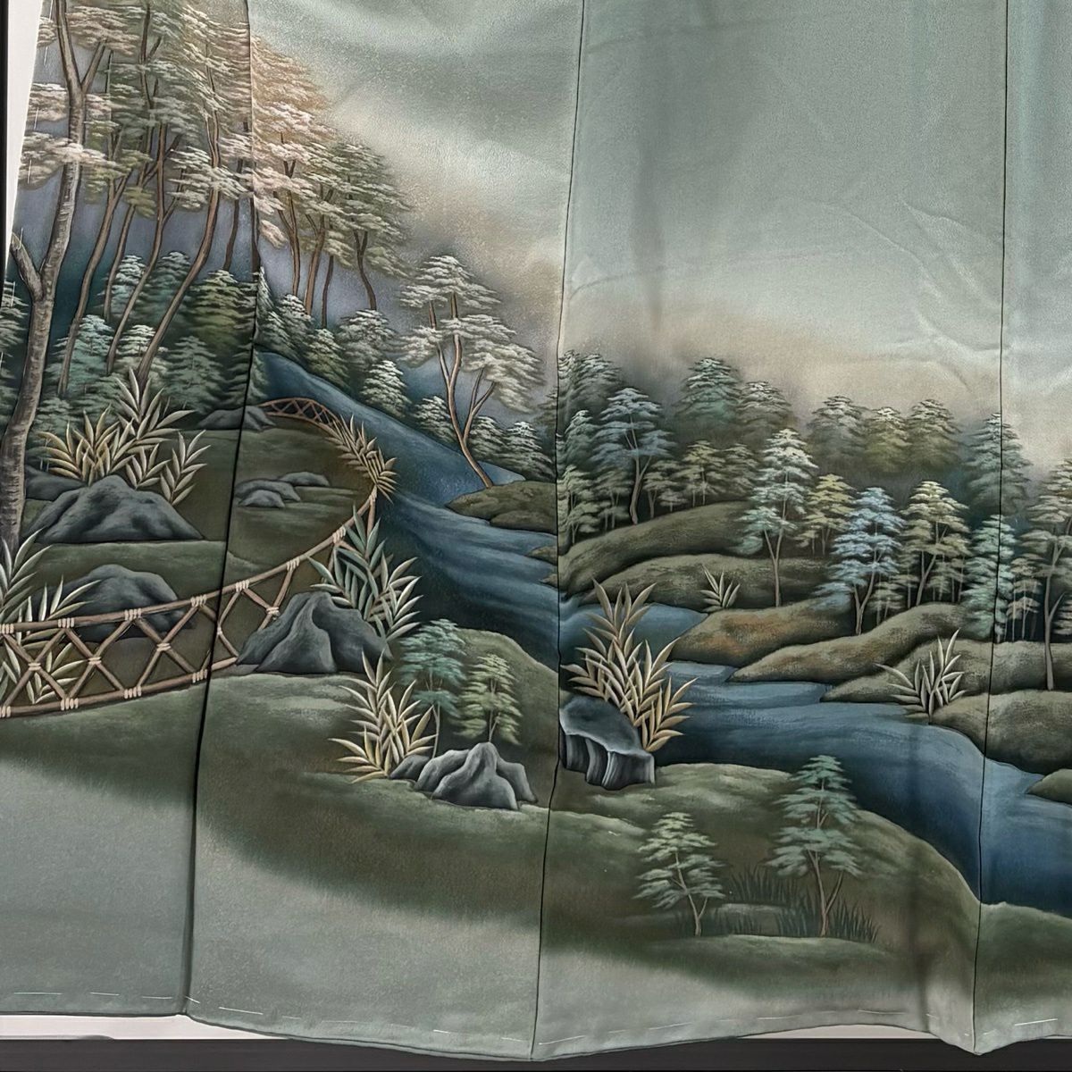 【美品】 留袖禮服禮服 身長156cm 袖長62.5cm S 雙層 風景 樹木 漸層 灰綠 純蠶絲 秀品級 一つ紋