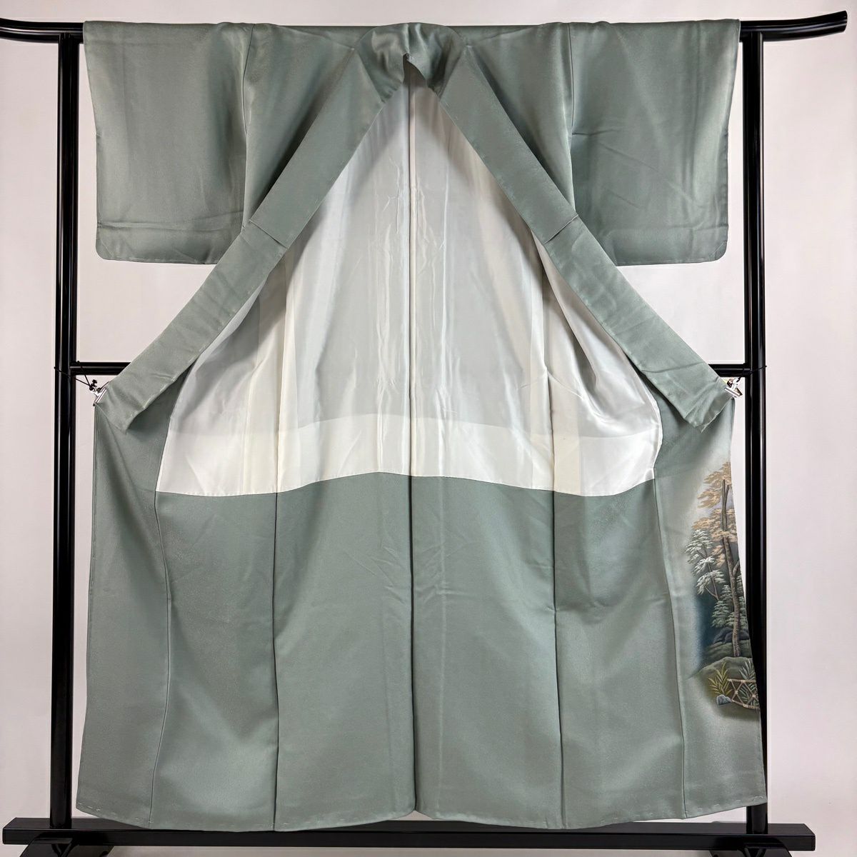 【美品】 留袖禮服禮服 身長156cm 袖長62.5cm S 雙層 風景 樹木 漸層 灰綠 純蠶絲 秀品級 一つ紋
