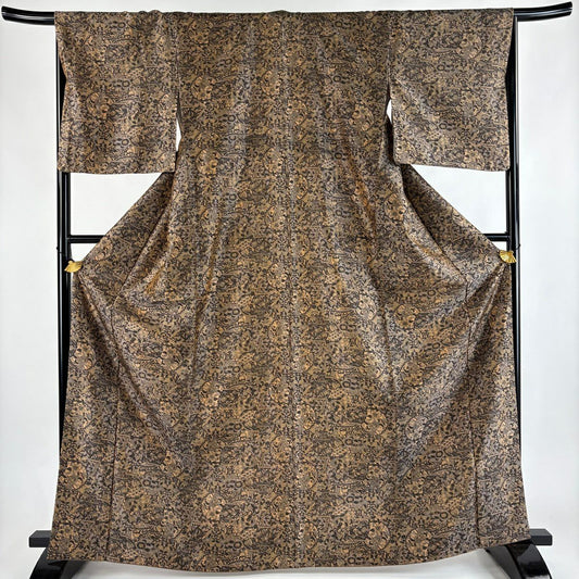 【美品】 小紋 身長167cm 袖長67cm M 雙層 紬織織 落款あり 草花紋紋 花器 茶 純蠶絲 秀品級