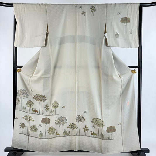 【美品】訪問服 身長160cm 袖長66cm M 雙層 落款あり 樹木 動物 米色 純蠶絲 秀品級 一つ紋