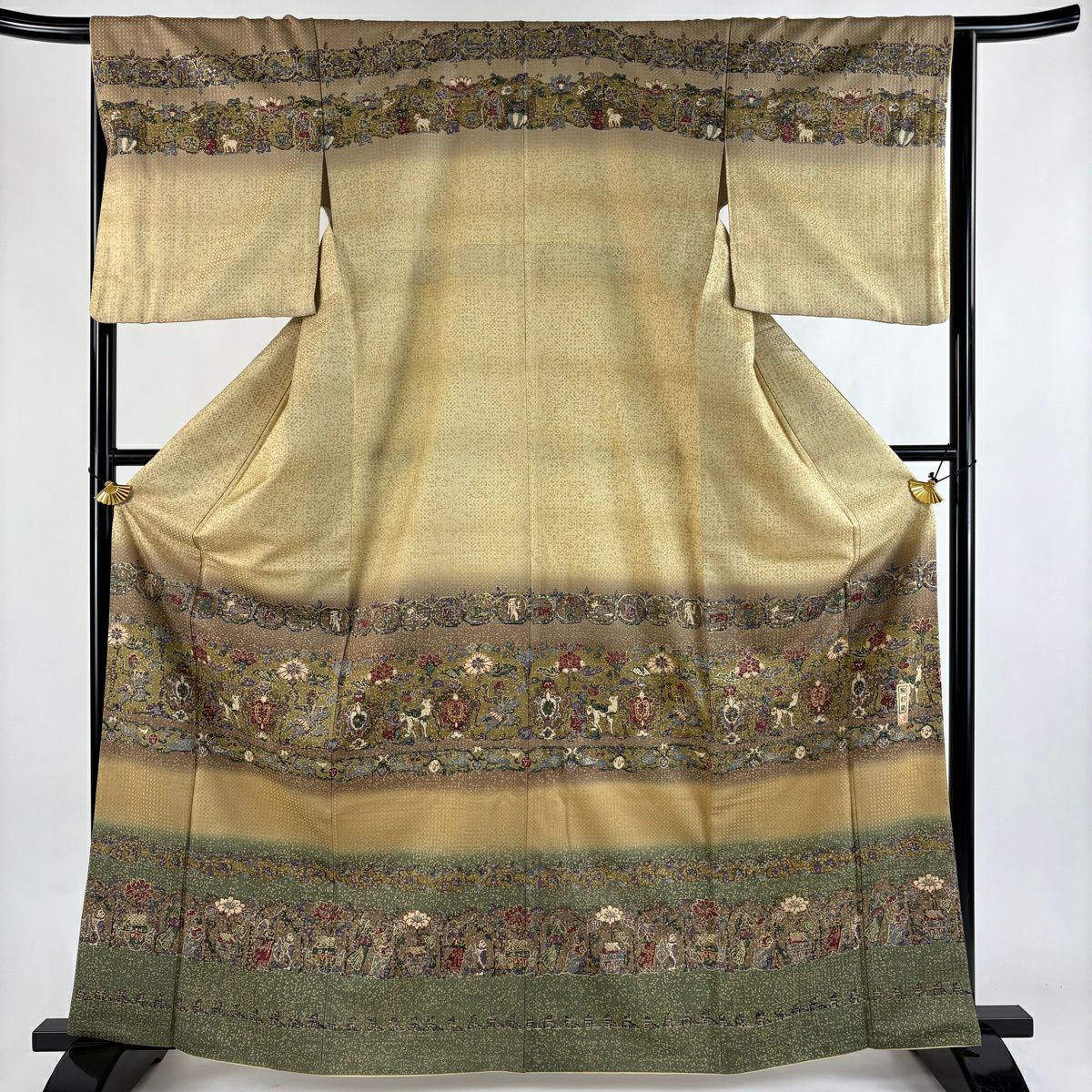 【美品】訪問服 身長165.5cm 袖長65.5cm M 雙層 陶彩染 落款あり 草花紋紋 人物 金彩裝飾 米色 純蠶絲 秀品級
