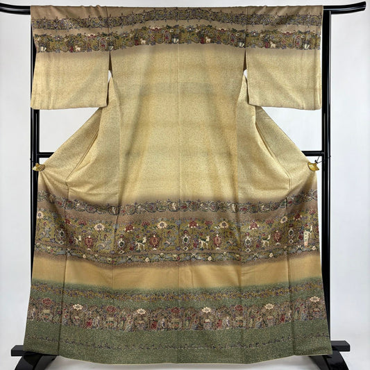 【美品】訪問服 身長165.5cm 袖長65.5cm M 雙層 陶彩染 落款あり 草花紋紋 人物 金彩裝飾 米色 純蠶絲 秀品級