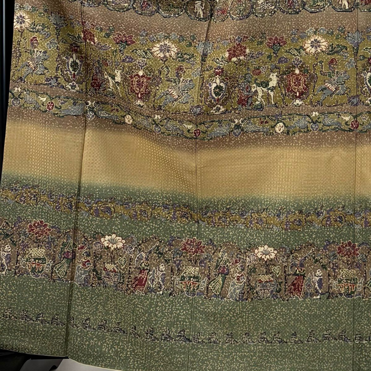 【美品】訪問服 身長165.5cm 袖長65.5cm M 雙層 陶彩染 落款あり 草花紋紋 人物 金彩裝飾 米色 純蠶絲 秀品級