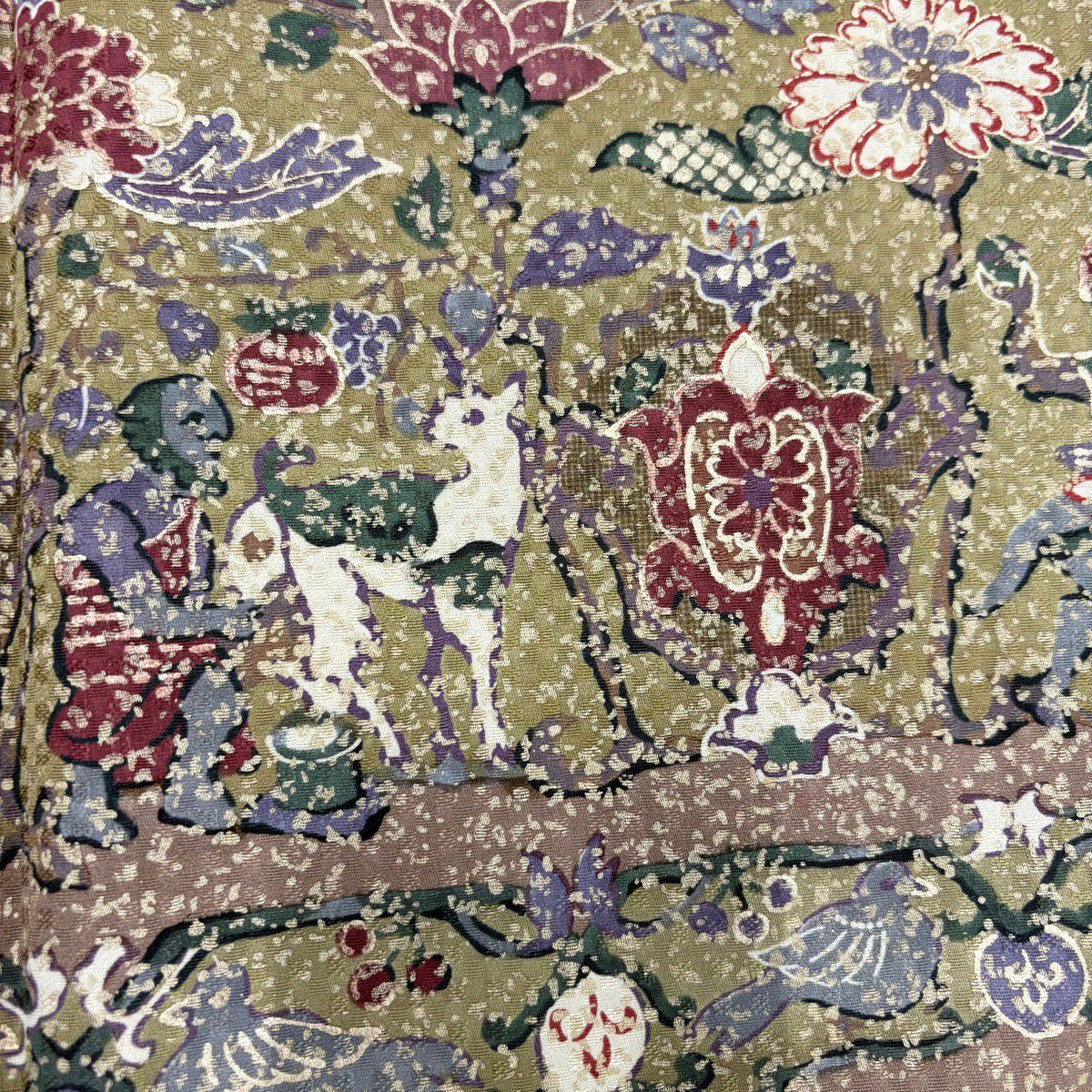 【美品】訪問服 身長165.5cm 袖長65.5cm M 雙層 陶彩染 落款あり 草花紋紋 人物 金彩裝飾 米色 純蠶絲 秀品級
